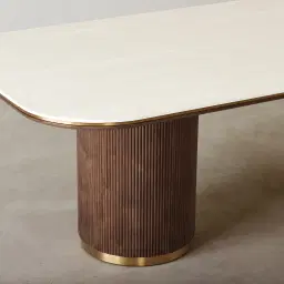 San Pierre Ebony Brown Ash Veneer Two-Leg Rectangular Dining Table with Cream Travertine Finish Sintered Stone Top - 200x110cm