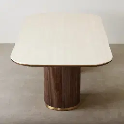 San Pierre Ebony Brown Ash Veneer Two-Leg Rectangular Dining Table with Cream Travertine Finish Sintered Stone Top - 200x110cm