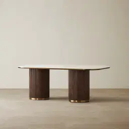 San Pierre Ebony Brown Ash Veneer Two-Leg Rectangular Dining Table with Cream Travertine Finish Sintered Stone Top - 200x110cm