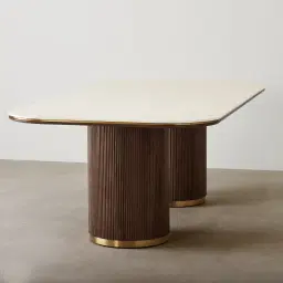 San Pierre Ebony Brown Ash Veneer Two-Leg Rectangular Dining Table with Cream Travertine Finish Sintered Stone Top - 200x110cm