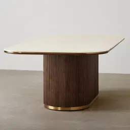 San Pierre Ebony Brown Ash Veneer Single Leg Rectangular Dining Table with Cream Travertine Finish Sintered Stone Top - 200x110cm