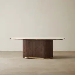 San Pierre Ebony Brown Ash Veneer Single Leg Rectangular Dining Table with Cream Travertine Finish Sintered Stone Top - 200x110cm