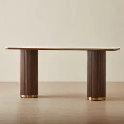 San Pierre Ebony Brown Ash Veneer Two-Leg Console Table with Cream Travertine Finish Sintered Stone Top