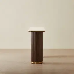 San Pierre Ebony Brown Ash Veneer Two-Leg Console Table with Cream Travertine Finish Sintered Stone Top