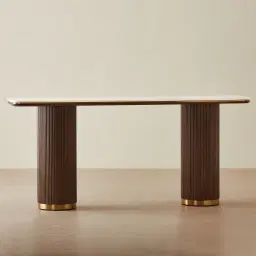 San Pierre Ebony Brown Ash Veneer Two-Leg Console Table with Cream Travertine Finish Sintered Stone Top