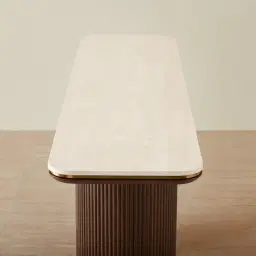 San Pierre Ebony Brown Ash Veneer Two-Leg Console Table with Cream Travertine Finish Sintered Stone Top