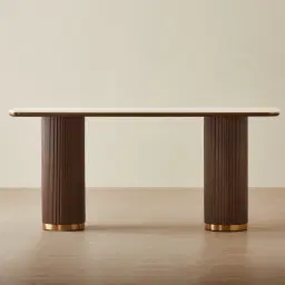 San Pierre Ebony Brown Ash Veneer Two-Leg Console Table with Cream Travertine Finish Sintered Stone Top