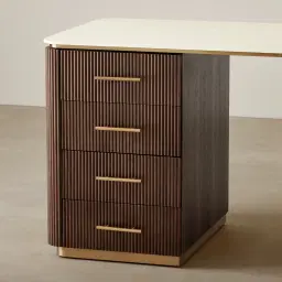 San Pierre Ebony Brown Ash Veneer Study Desk with Cream Travertine Finish Sintered Stone Top