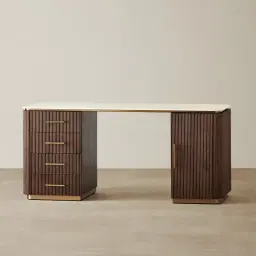 San Pierre Ebony Brown Ash Veneer Study Desk with Cream Travertine Finish Sintered Stone Top