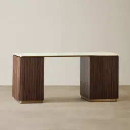 San Pierre Ebony Brown Ash Veneer Study Desk with Cream Travertine Finish Sintered Stone Top