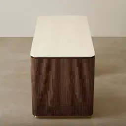 San Pierre Ebony Brown Ash Veneer Study Desk with Cream Travertine Finish Sintered Stone Top