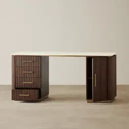 San Pierre Ebony Brown Ash Veneer Study Desk with Cream Travertine Finish Sintered Stone Top