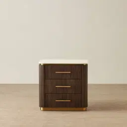 San Pierre Ebony Brown Ash Veneer Bedside Table with Cream Travertine Finish Sintered Stone Top