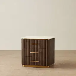 San Pierre Ebony Brown Ash Veneer Bedside Table with Cream Travertine Finish Sintered Stone Top
