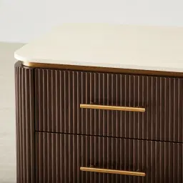 San Pierre Ebony Brown Ash Veneer Bedside Table with Cream Travertine Finish Sintered Stone Top