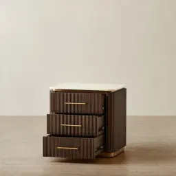 San Pierre Ebony Brown Ash Veneer Bedside Table with Cream Travertine Finish Sintered Stone Top