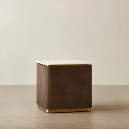 San Pierre Ebony Brown Ash Veneer Bedside Table with Cream Travertine Finish Sintered Stone Top