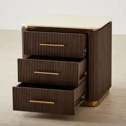 San Pierre Ebony Brown Ash Veneer Bedside Table with Cream Travertine Finish Sintered Stone Top