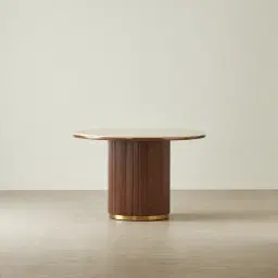 San Pierre Walnut Veneer Round Dining Table with Travertine Finish Sintered Stone Top - 120cm