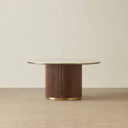 San Pierre Walnut Veneer Round Dining Table with Travertine Finish Sintered Stone Top - 150cm