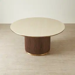 San Pierre Walnut Veneer Round Dining Table with Travertine Finish Sintered Stone Top - 150cm
