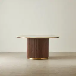 San Pierre Walnut Veneer Round Dining Table with Travertine Finish Sintered Stone Top - 150cm