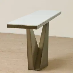 Vania Brushed Bronze Console Table with Statuario White Sintered Stone Top