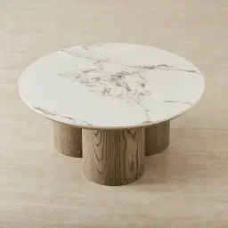 Terzetto Pandora Brown Sintered Stone Round Coffee Table High - Medium Brown Wooden Legs 90x45cm