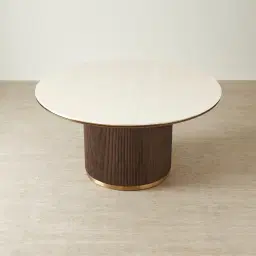 San Pierre Ebony Brown Ash Veneer Round Dining Table with Cream Travertine Finish Sintered Stone Top - 150cm