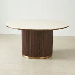 San Pierre Ebony Brown Ash Veneer Round Dining Table with Cream Travertine Finish Sintered Stone Top - 150cm