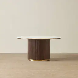 San Pierre Ebony Brown Ash Veneer Round Dining Table with Cream Travertine Finish Sintered Stone Top - 150cm