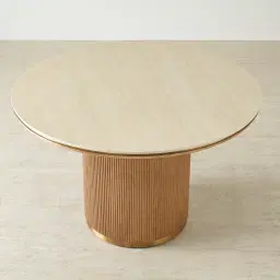 San Pierre Light Brown Ash Veneer Round Dining Table with Travertine Finish Sintered Stone Top - 120cm
