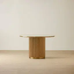 San Pierre Light Brown Ash Veneer Round Dining Table with Travertine Finish Sintered Stone Top - 120cm