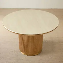 San Pierre Light Brown Ash Veneer Round Dining Table with Travertine Finish Sintered Stone Top - 120cm