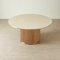 San Pierre Light Brown Ash Veneer Round Dining Table with Travertine Finish Sintered Stone Top - 150cm