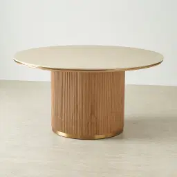 San Pierre Light Brown Ash Veneer Round Dining Table with Travertine Finish Sintered Stone Top - 150cm
