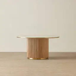 San Pierre Light Brown Ash Veneer Round Dining Table with Travertine Finish Sintered Stone Top - 150cm