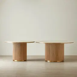 San Pierre Light Brown Ash Veneer Round Dining Table with Travertine Finish Sintered Stone Top - 150cm