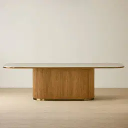 San Pierre Light Brown Ash Veneer Single Leg Rectangular Dining Table with Travertine Finish Sintered Stone Top - 270x120cm
