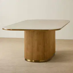 San Pierre Light Brown Ash Veneer Single Leg Rectangular Dining Table with Travertine Finish Sintered Stone Top - 270x120cm
