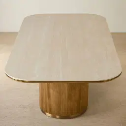 San Pierre Light Brown Ash Veneer Single Leg Rectangular Dining Table with Travertine Finish Sintered Stone Top - 270x120cm