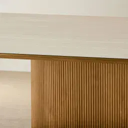 San Pierre Light Brown Ash Veneer Single Leg Rectangular Dining Table with Travertine Finish Sintered Stone Top - 270x120cm