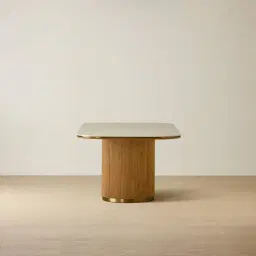 San Pierre Light Brown Ash Veneer Single Leg Rectangular Dining Table with Travertine Finish Sintered Stone Top - 270x120cm