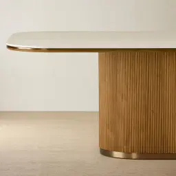 San Pierre Light Brown Ash Veneer Single Leg Rectangular Dining Table with Travertine Finish Sintered Stone Top - 270x120cm