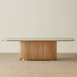 San Pierre Light Brown Ash Veneer Single Leg Rectangular Dining Table with Travertine Finish Sintered Stone Top - 270x120cm