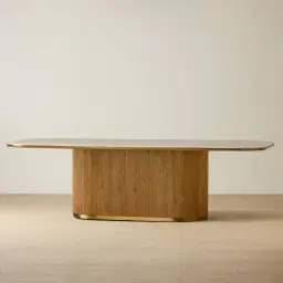 San Pierre Light Brown Ash Veneer Single Leg Rectangular Dining Table with Travertine Finish Sintered Stone Top - 270x120cm