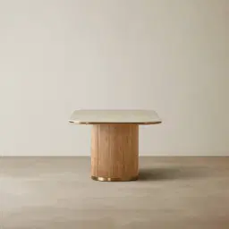 San Pierre Light Brown Ash Veneer Single Leg Rectangular Dining Table with Travertine Finish Sintered Stone Top - 270x120cm