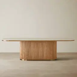 San Pierre Light Brown Ash Veneer Single Leg Rectangular Dining Table with Travertine Finish Sintered Stone Top - 270x120cm