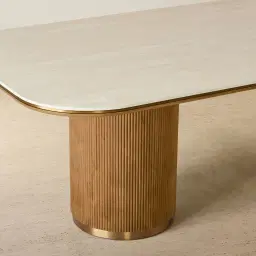 San Pierre Light Brown Ash Veneer Two-Leg Rectangular Dining Table with Travertine Finish Sintered Stone Top - 270x120cm