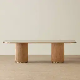 San Pierre Light Brown Ash Veneer Two-Leg Rectangular Dining Table with Travertine Finish Sintered Stone Top - 270x120cm